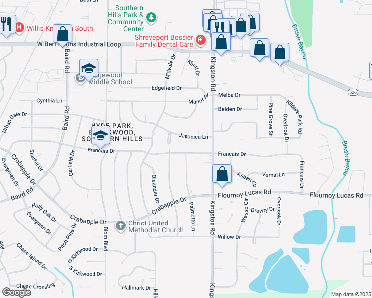 map of restaurants, bars, coffee shops, grocery stores, and more near 9400 Palmetto Lane in Shreveport
