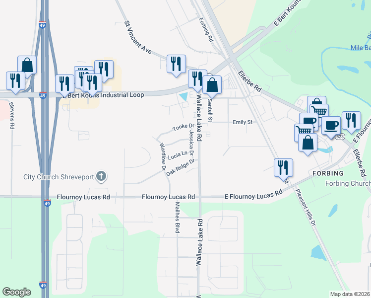 map of restaurants, bars, coffee shops, grocery stores, and more near 103 Lucia Lane in Shreveport