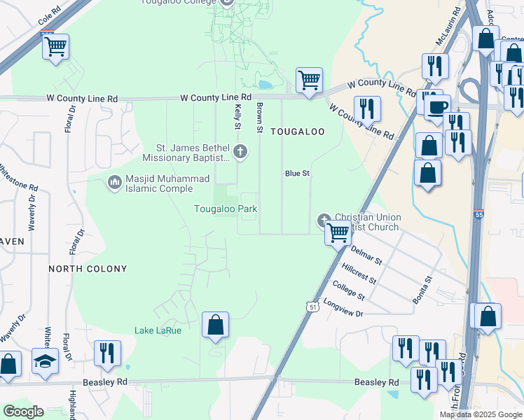 map of restaurants, bars, coffee shops, grocery stores, and more near 6124 Brown Street in Jackson