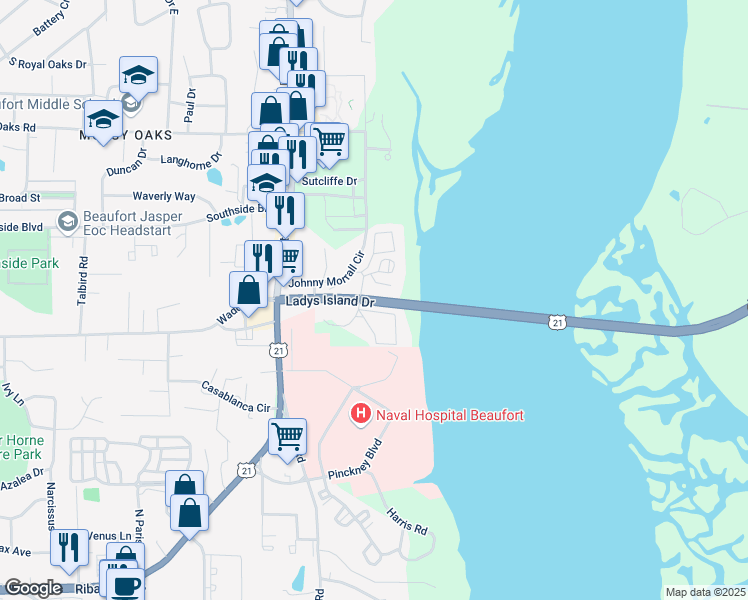 map of restaurants, bars, coffee shops, grocery stores, and more near 5 Riverwind Drive in Port Royal