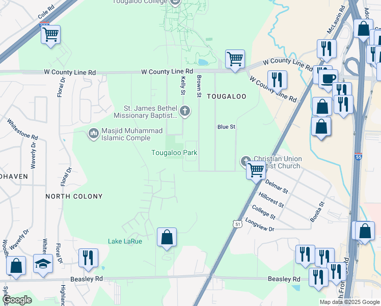 map of restaurants, bars, coffee shops, grocery stores, and more near 6125 Brown St in Jackson