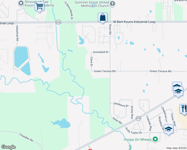 map of restaurants, bars, coffee shops, grocery stores, and more near 3359 Green Terrace Rd in Shreveport