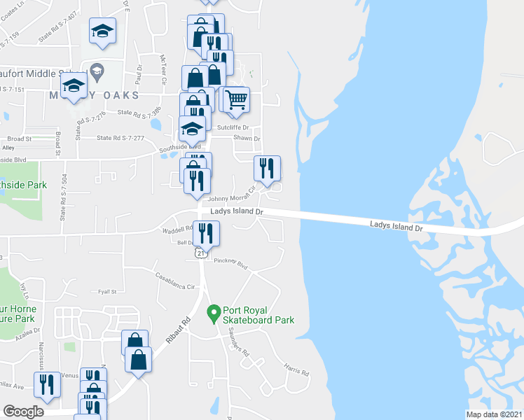 map of restaurants, bars, coffee shops, grocery stores, and more near 12 Riverwind Drive in Port Royal