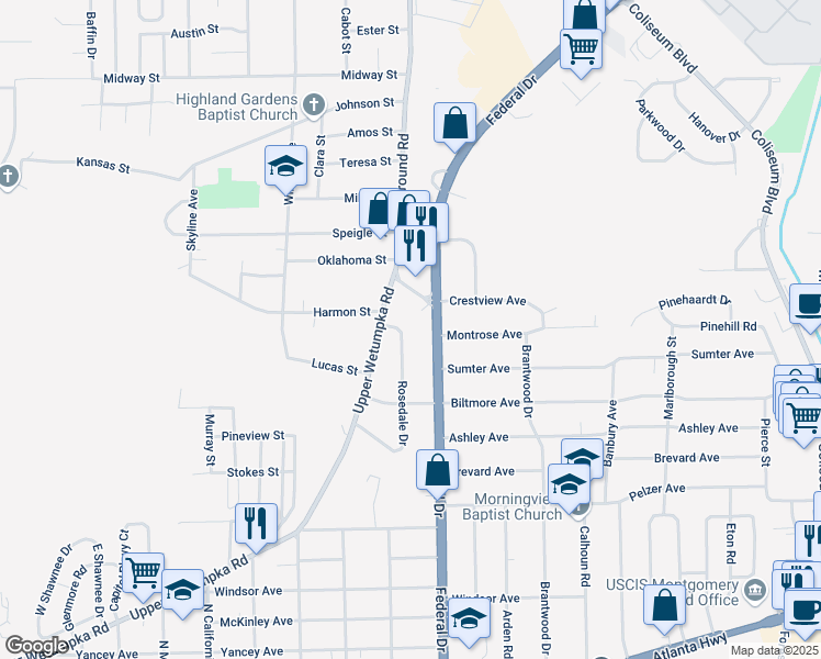 map of restaurants, bars, coffee shops, grocery stores, and more near 1150 Rosedale Drive in Montgomery