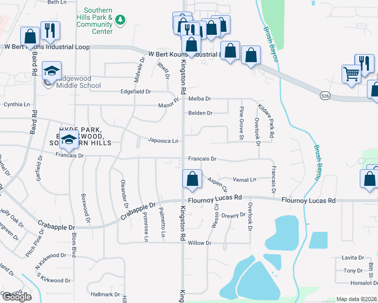 map of restaurants, bars, coffee shops, grocery stores, and more near 9375 Kingston Road in Shreveport