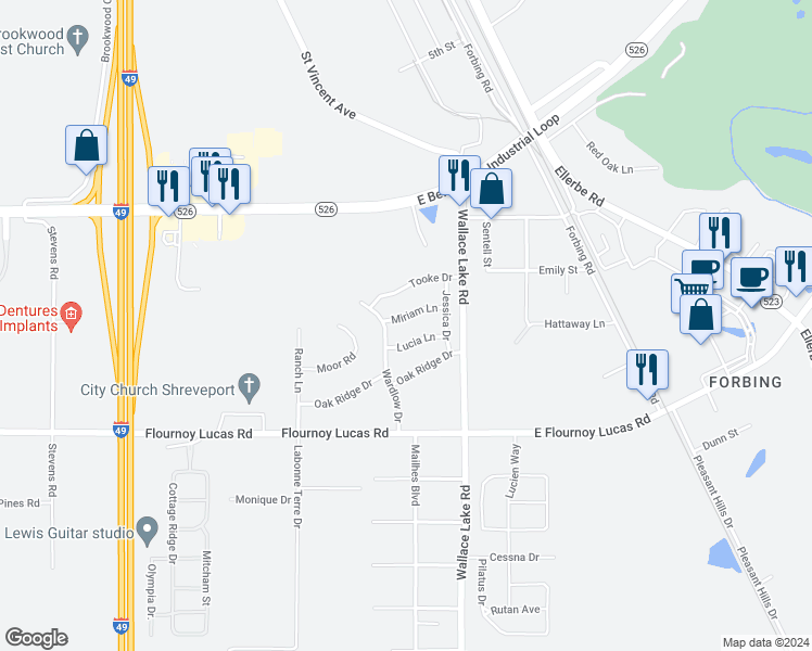 map of restaurants, bars, coffee shops, grocery stores, and more near 117 Miriam Lane in Shreveport