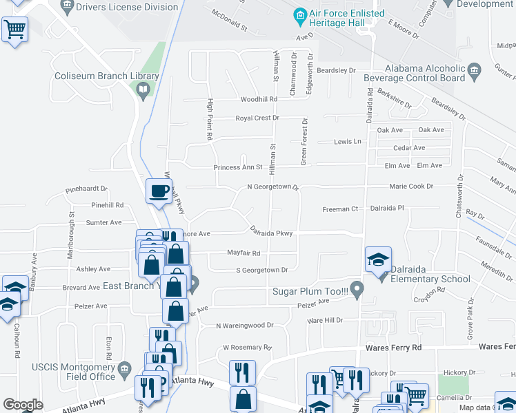 map of restaurants, bars, coffee shops, grocery stores, and more near 3539 Dalraida Court in Montgomery