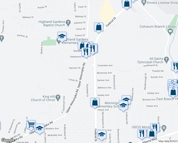 map of restaurants, bars, coffee shops, grocery stores, and more near 1150 Rosedale Drive in Montgomery
