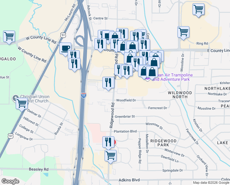 map of restaurants, bars, coffee shops, grocery stores, and more near 1102 Woodfield Drive in Jackson