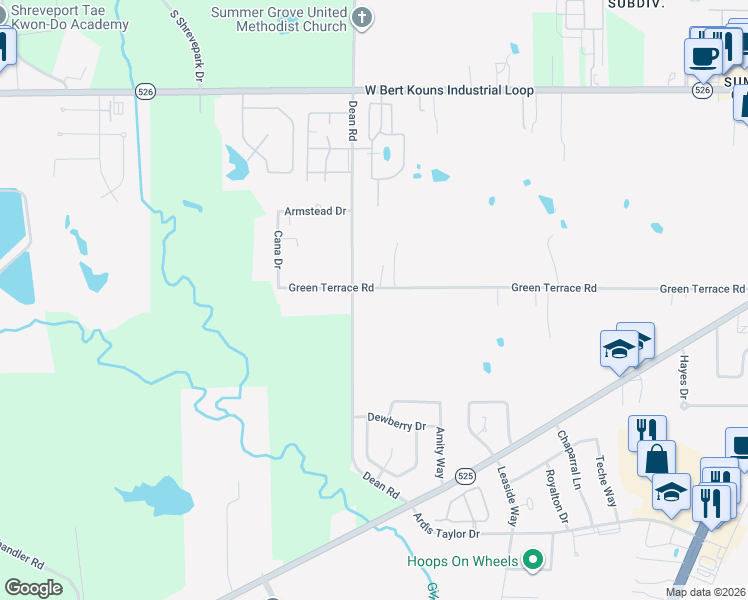 map of restaurants, bars, coffee shops, grocery stores, and more near 3259 Green Terrace Road in Shreveport