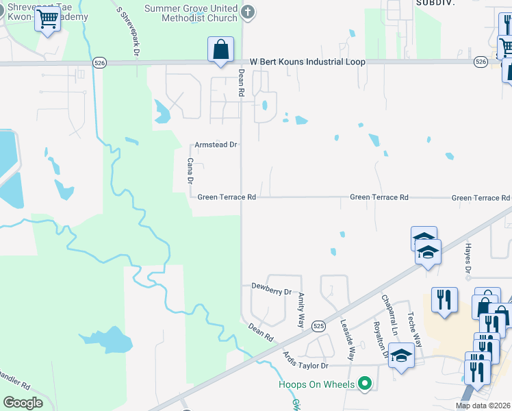 map of restaurants, bars, coffee shops, grocery stores, and more near 3259 Green Terrace Road in Shreveport