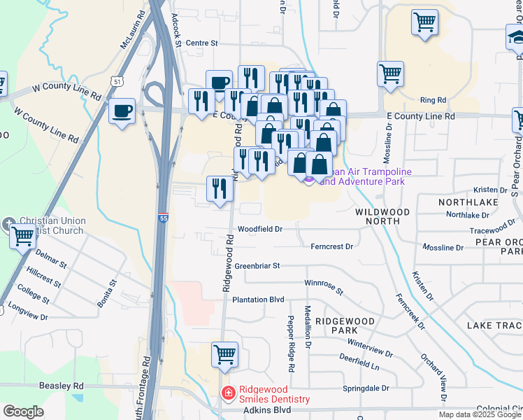 map of restaurants, bars, coffee shops, grocery stores, and more near 801 Jamestown Way in Jackson