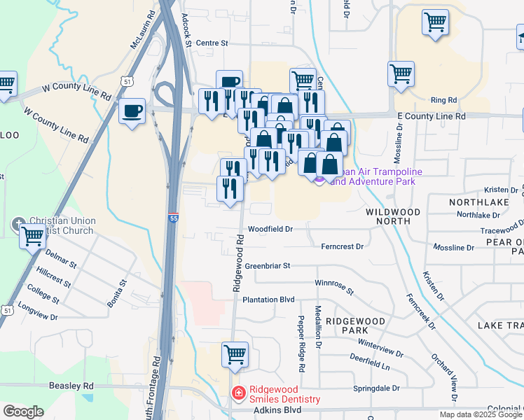map of restaurants, bars, coffee shops, grocery stores, and more near 801 Jamestown Way in Jackson