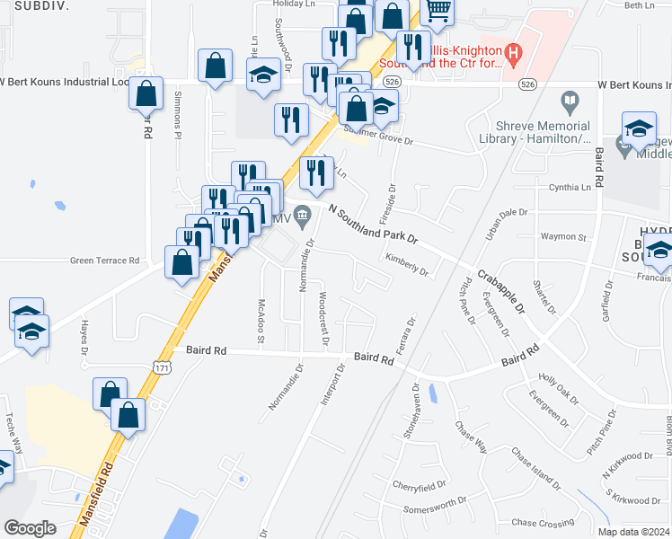 map of restaurants, bars, coffee shops, grocery stores, and more near 9407 Woodcrest Drive in Shreveport