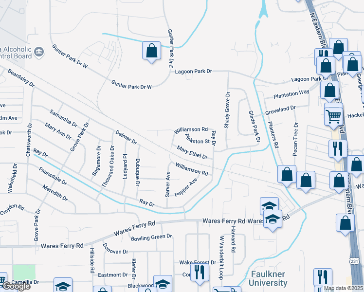 map of restaurants, bars, coffee shops, grocery stores, and more near 752 Mary Ethel Drive in Montgomery