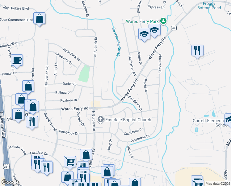 map of restaurants, bars, coffee shops, grocery stores, and more near 624 Burlington Drive in Montgomery