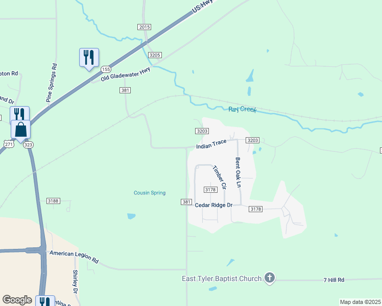 map of restaurants, bars, coffee shops, grocery stores, and more near 7476 Gallion Road in Tyler