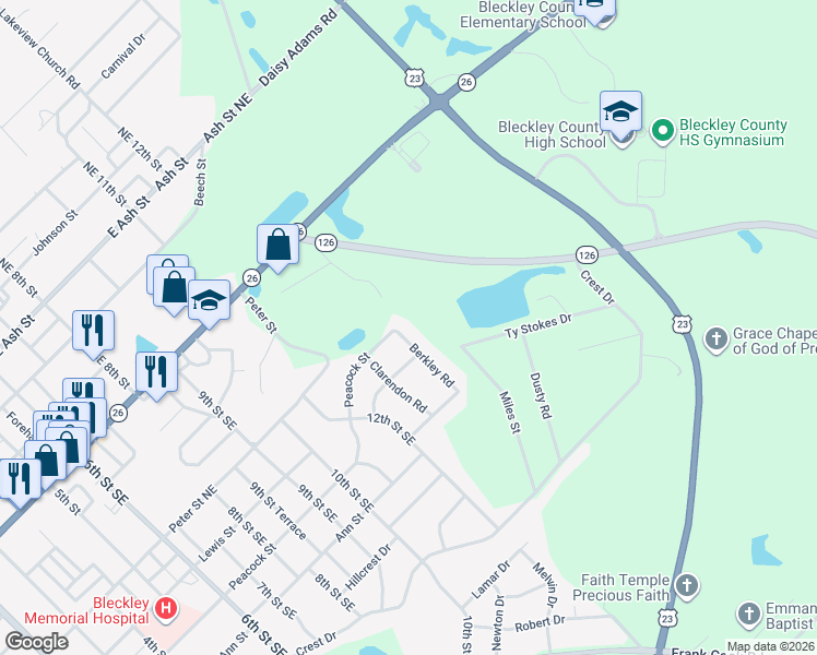 map of restaurants, bars, coffee shops, grocery stores, and more near 151 Berkley Road in Cochran