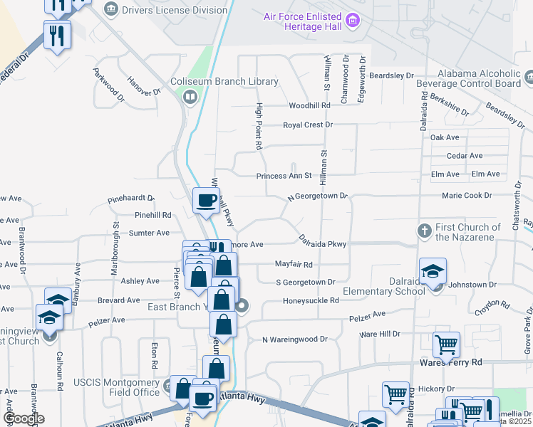 map of restaurants, bars, coffee shops, grocery stores, and more near 3453 Dalraida Parkway in Montgomery