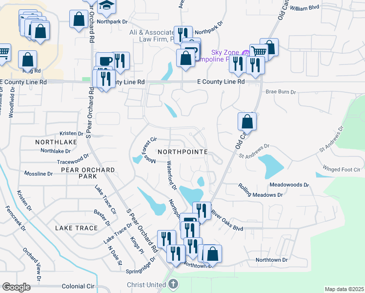 map of restaurants, bars, coffee shops, grocery stores, and more near 201 Northpointe Parkway in Jackson