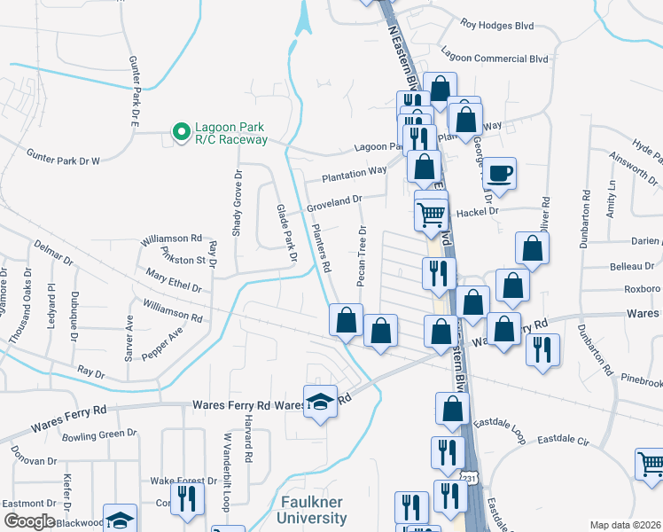 map of restaurants, bars, coffee shops, grocery stores, and more near 436 Planters Road in Montgomery