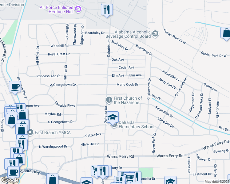 map of restaurants, bars, coffee shops, grocery stores, and more near 3820 Dalraida Place in Montgomery