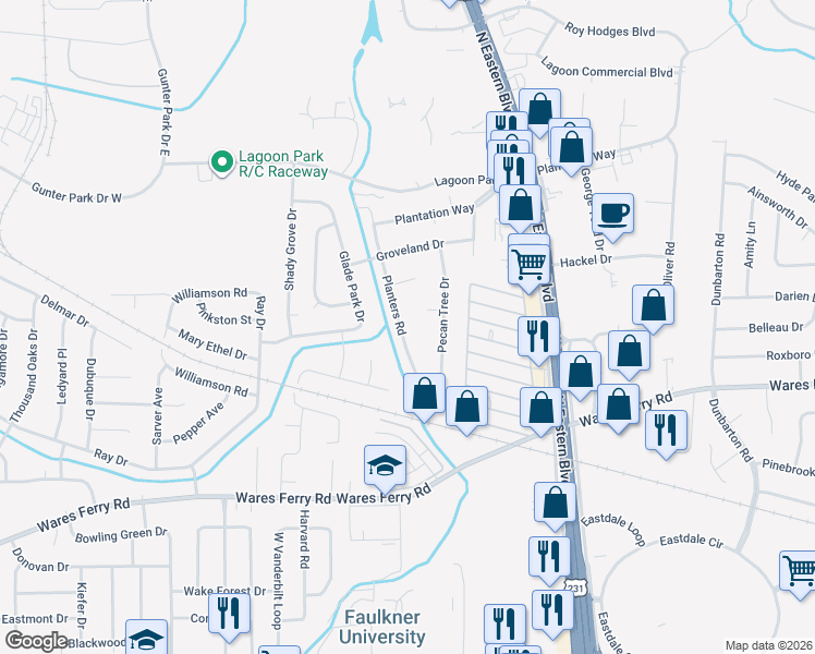 map of restaurants, bars, coffee shops, grocery stores, and more near 436 Planters Road in Montgomery