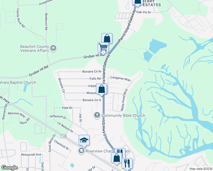 map of restaurants, bars, coffee shops, grocery stores, and more near 1 Caswell Avenue in Beaufort