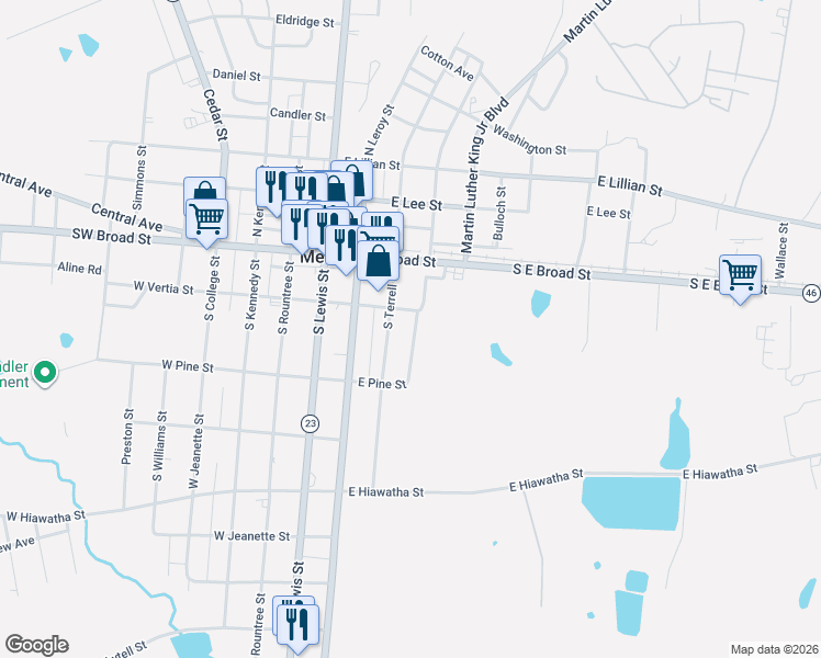 map of restaurants, bars, coffee shops, grocery stores, and more near 201-299 South Terrell Street in Metter