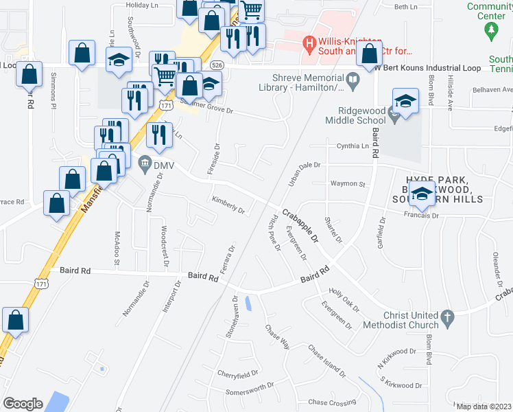 map of restaurants, bars, coffee shops, grocery stores, and more near 9509 Cinnamon Drive in Shreveport