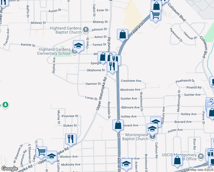 map of restaurants, bars, coffee shops, grocery stores, and more near 2518 Upper Wetumpka Road in Montgomery