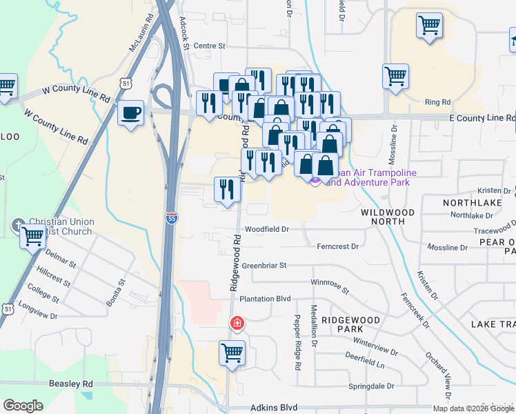 map of restaurants, bars, coffee shops, grocery stores, and more near 1601 Jamestown Way in Jackson