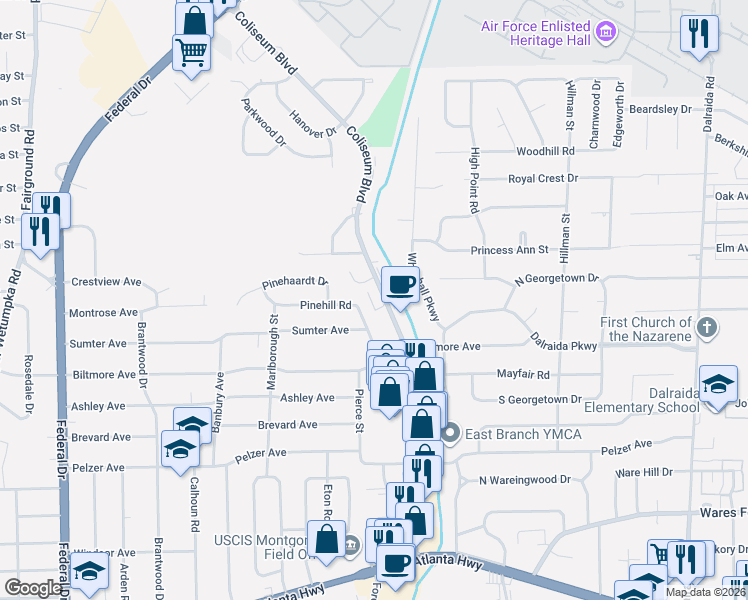 map of restaurants, bars, coffee shops, grocery stores, and more near 634 Coliseum Boulevard in Montgomery