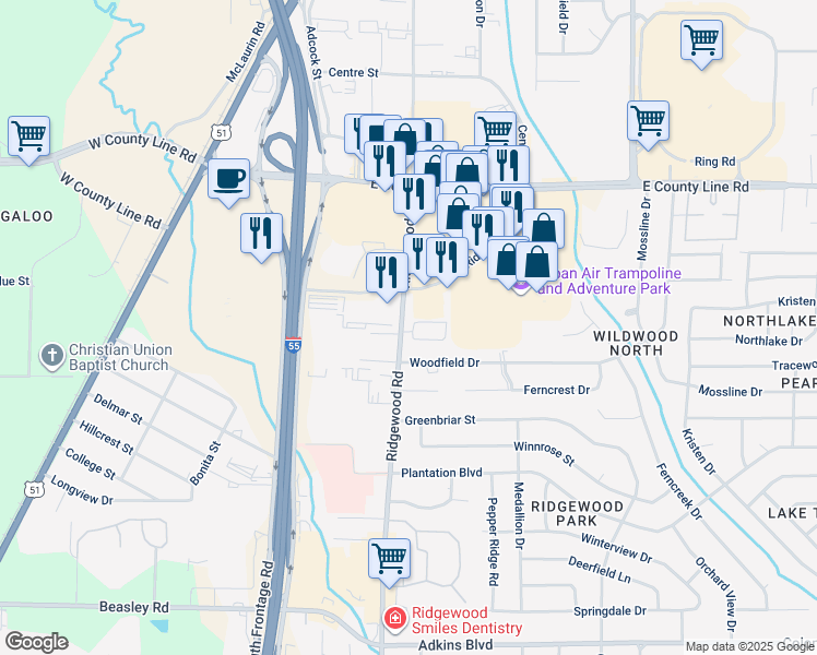 map of restaurants, bars, coffee shops, grocery stores, and more near 6158-6232 Ridgewood Road in Jackson