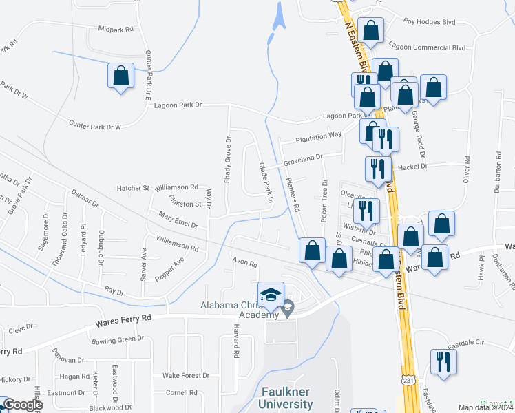 map of restaurants, bars, coffee shops, grocery stores, and more near 441 Glade Park Drive in Montgomery