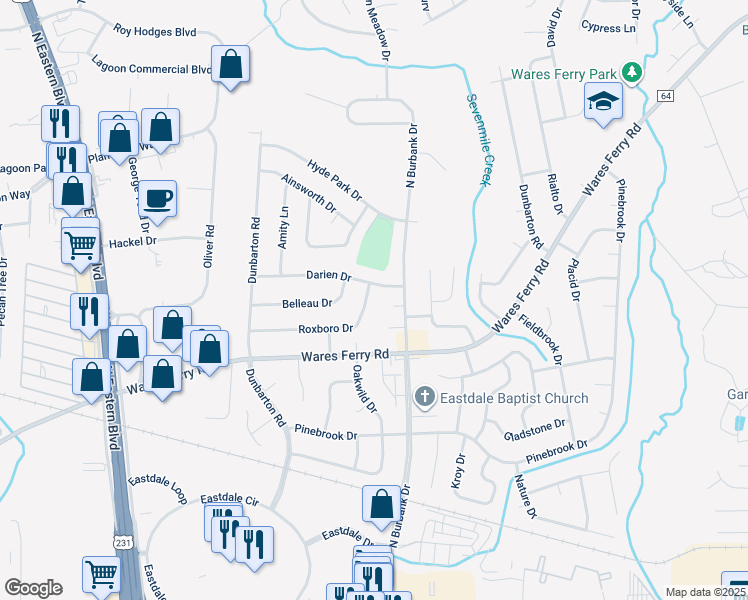map of restaurants, bars, coffee shops, grocery stores, and more near 5864 Roxboro Drive in Montgomery