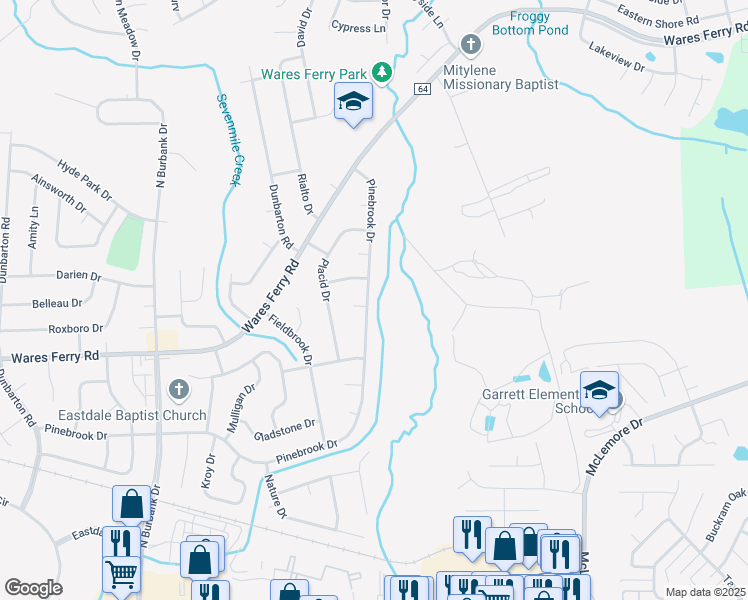 map of restaurants, bars, coffee shops, grocery stores, and more near 6454 Pinebrook Drive in Montgomery