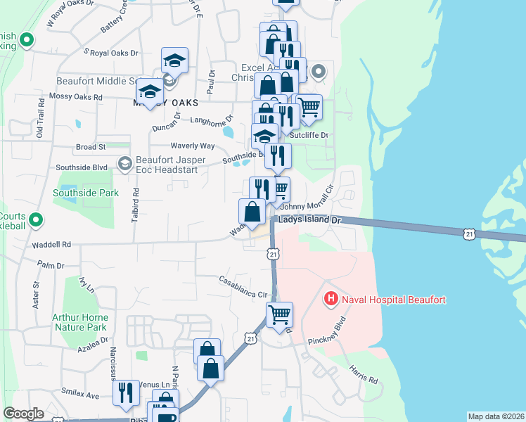 map of restaurants, bars, coffee shops, grocery stores, and more near 1450 Ribaut Road in Port Royal