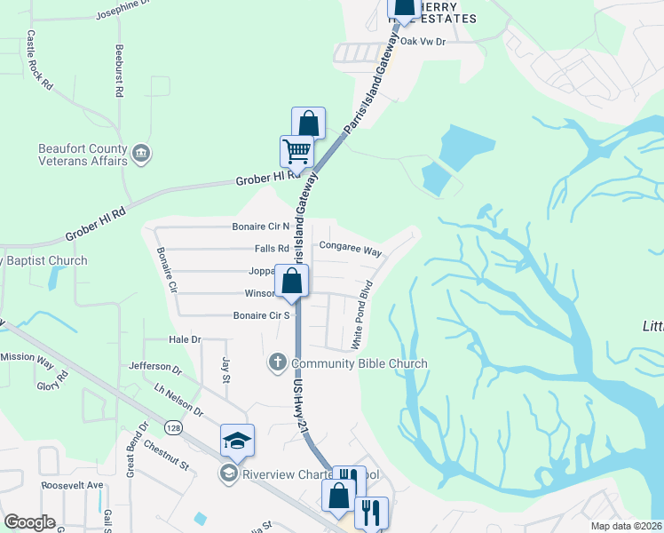 map of restaurants, bars, coffee shops, grocery stores, and more near 10 Bradford Court in Beaufort