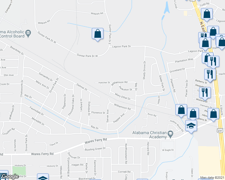 map of restaurants, bars, coffee shops, grocery stores, and more near 769 Williamson Road in Montgomery