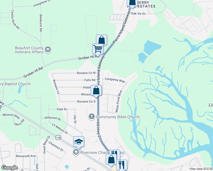 map of restaurants, bars, coffee shops, grocery stores, and more near 2 Congaree Way in Beaufort