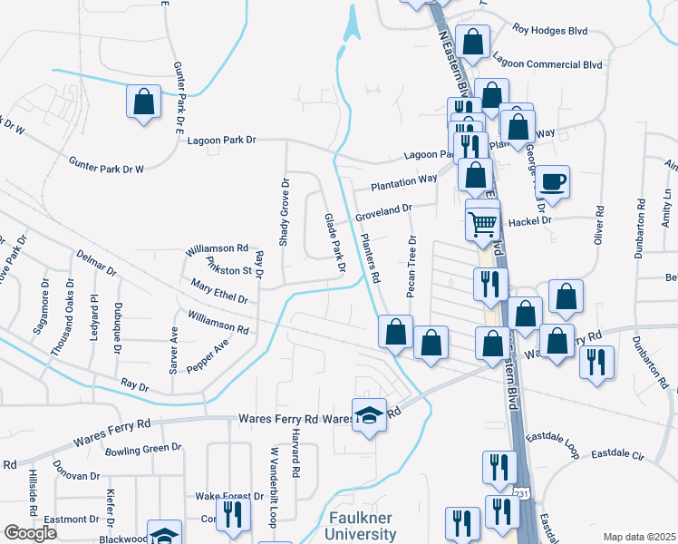 map of restaurants, bars, coffee shops, grocery stores, and more near 504 Glade Park Loop in Montgomery