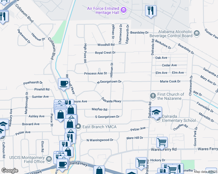 map of restaurants, bars, coffee shops, grocery stores, and more near 3576 North Georgetown Drive in Montgomery