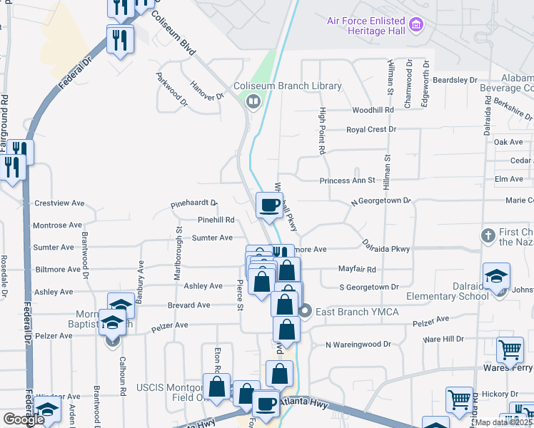 map of restaurants, bars, coffee shops, grocery stores, and more near 757 Whitehall Parkway in Montgomery