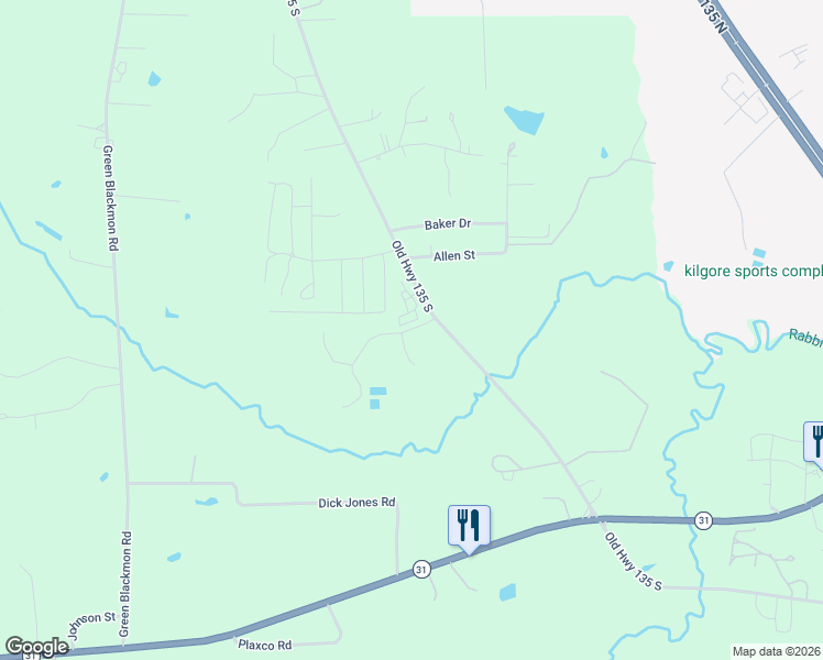 map of restaurants, bars, coffee shops, grocery stores, and more near 2567 Old Highway 135 South in Kilgore