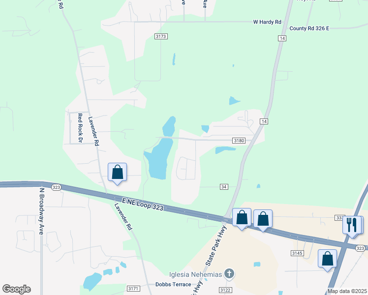 map of restaurants, bars, coffee shops, grocery stores, and more near 1255 County Road 3180 in Tyler