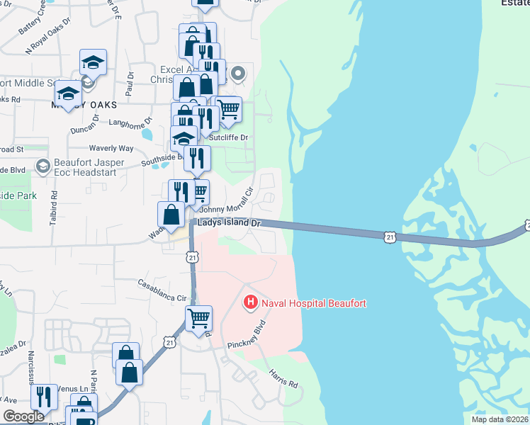 map of restaurants, bars, coffee shops, grocery stores, and more near 12 Mariners Court in Port Royal