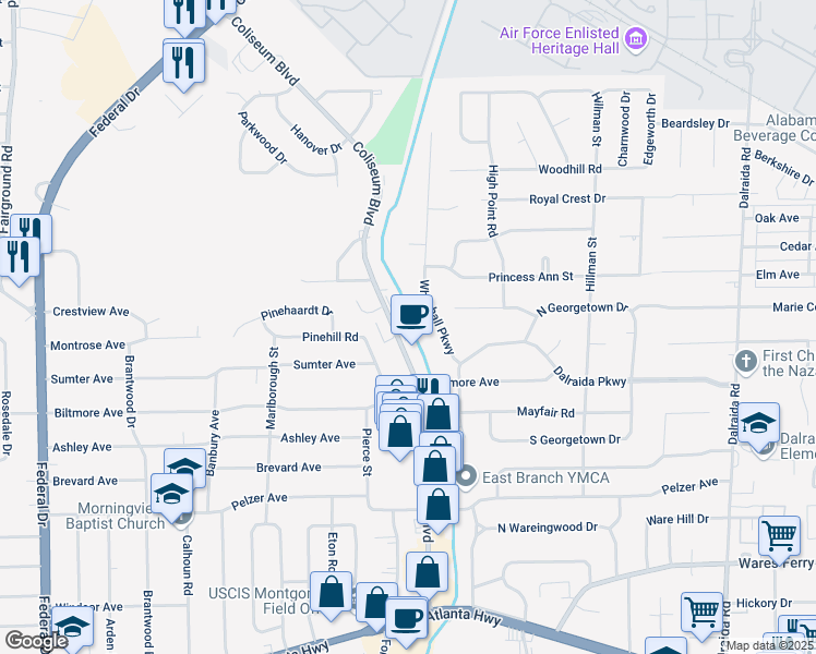 map of restaurants, bars, coffee shops, grocery stores, and more near 757 Whitehall Parkway in Montgomery