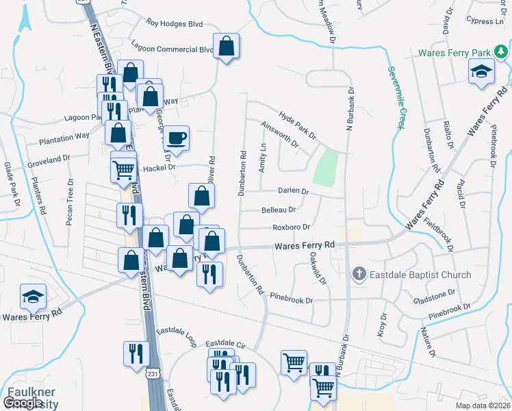 map of restaurants, bars, coffee shops, grocery stores, and more near 5742 Darien Drive in Montgomery
