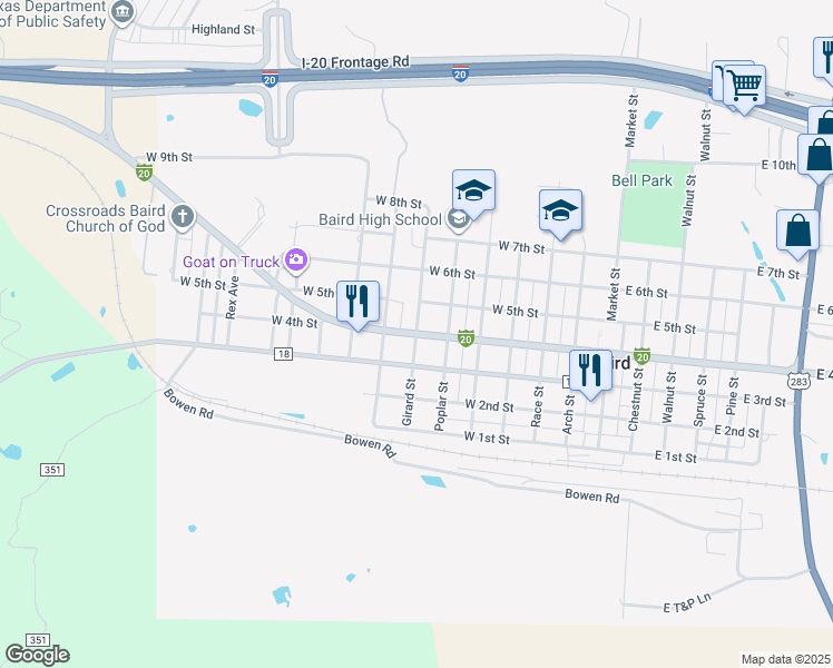 map of restaurants, bars, coffee shops, grocery stores, and more near West 4th Street in Baird